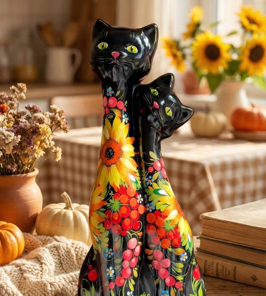 Сувенірна пара чорні котики петриківський розпис кераміка