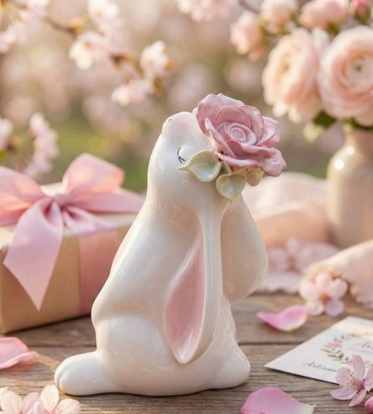 Білий порцеляновий зайчик з рожевою трояндою сувенір