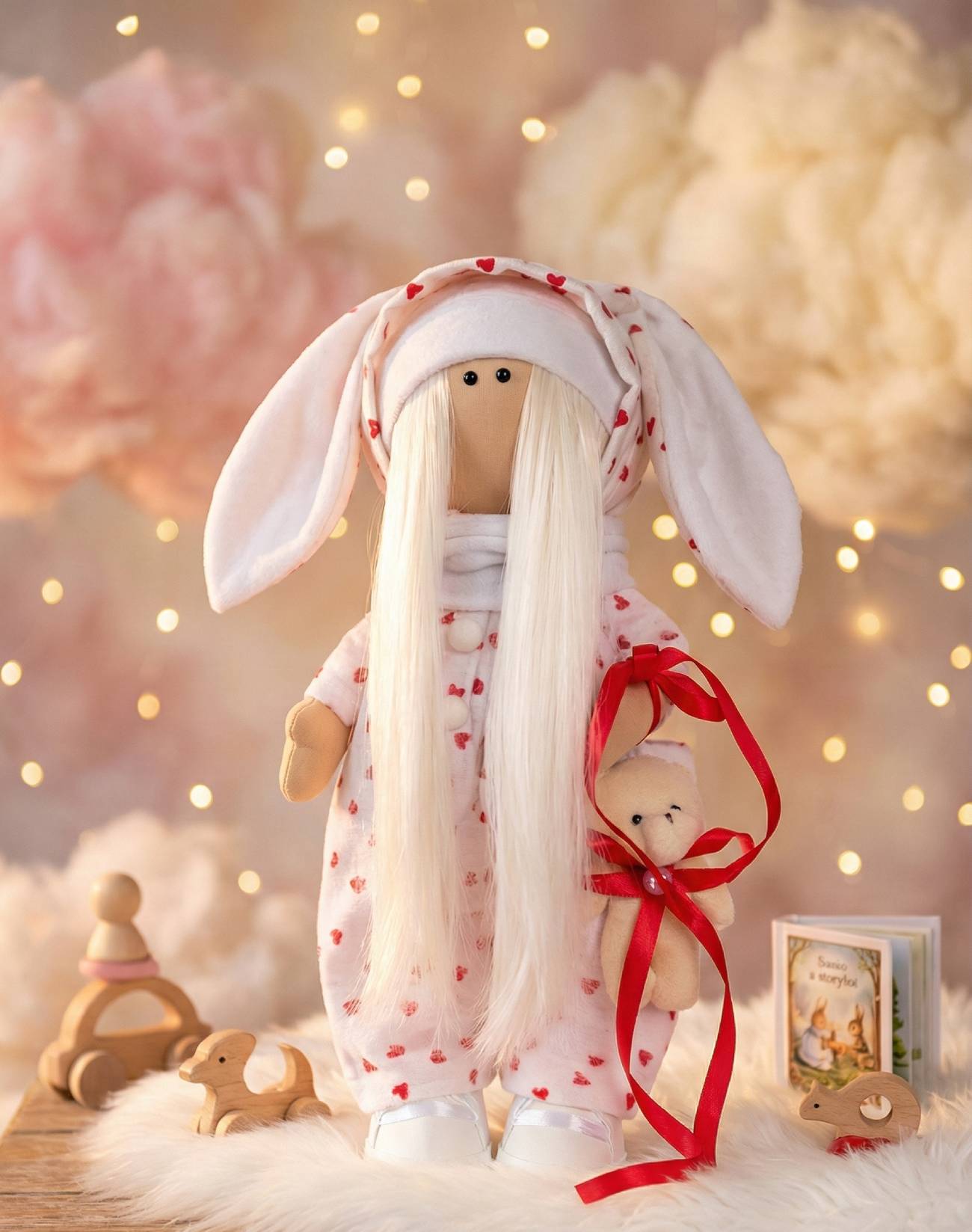 Інтер’єрна лялька валентинка у плюшевому комбінезоні з червоними сердечками - подарунок на День закоханих