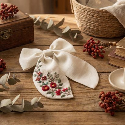 Дитячий бант для волосся вишивка квіти бордо, льон