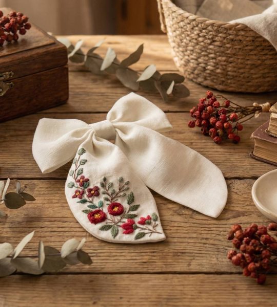 Дитячий бант для волосся вишивка квіти бордо, льон