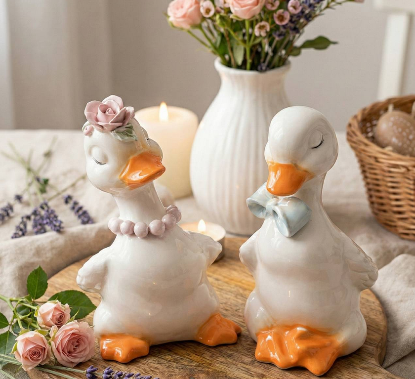 Авторський набір великоднього декору - біла порцелянова пара гусей з фарфору для дому та дитячої кімнати