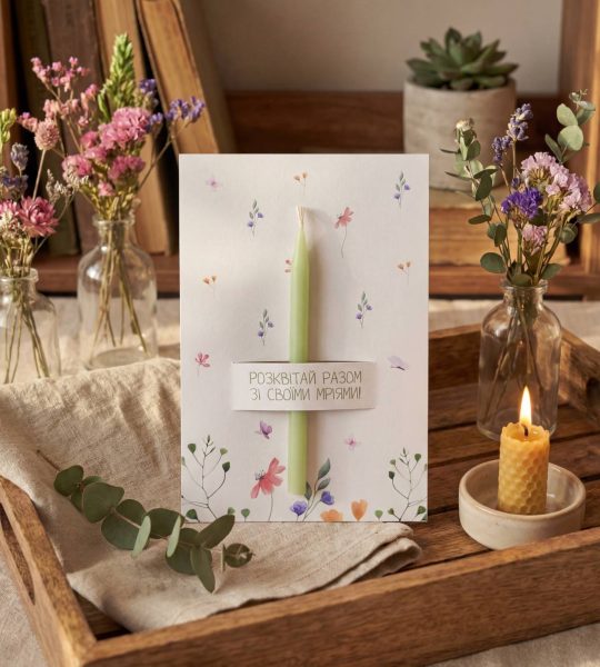 Вітальна листівка квіти зі свічкою, сірником та чиркалом