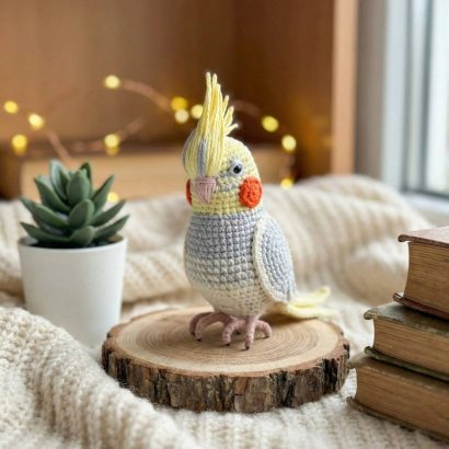 Іграшка в’язаний папуга сувенір в сіро-жовтому кольорі