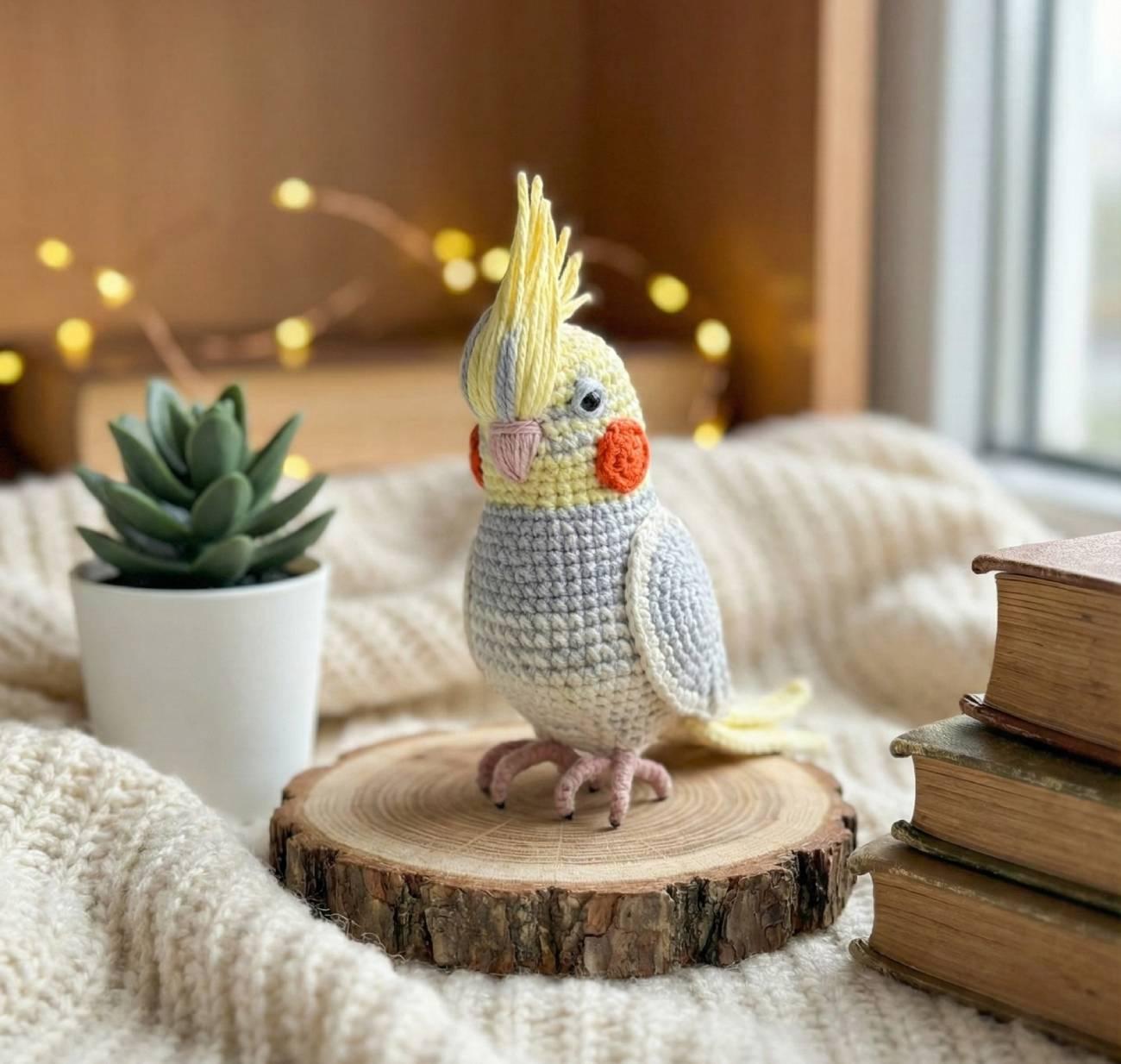 Іграшка в’язаний папуга сувенір в сіро-жовтому кольорі Іграшка в’язаний папуга сувенір в сіро-жовтому кольорі