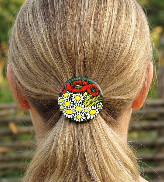 Резинка для волосся дерев'яна польові квіти маки та ромашки