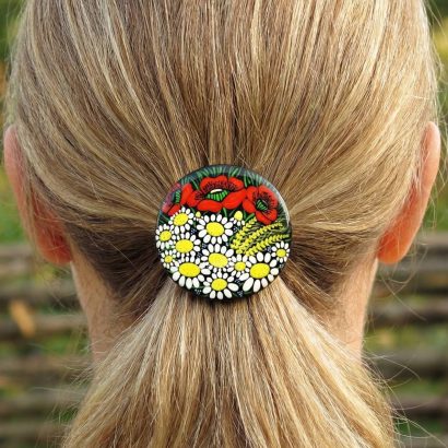 Резинка для волосся дерев'яна польові квіти маки та ромашки