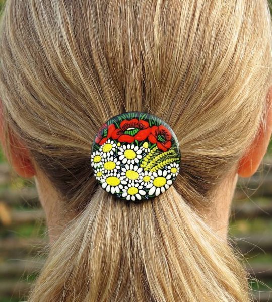 Резинка для волосся дерев'яна польові квіти маки та ромашки
