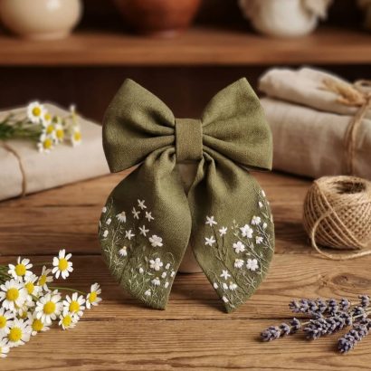 Дитячий бантик для волосся з ручною вишивкою ромашки
