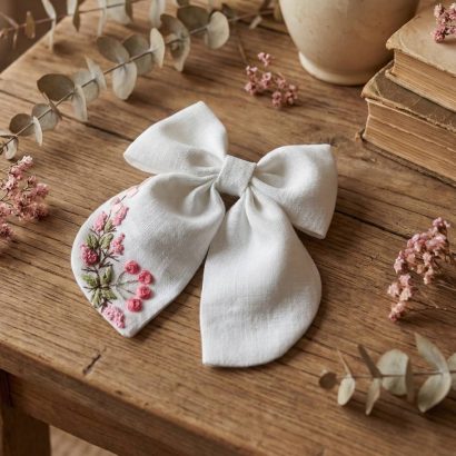 Дитячий бант для волосся ручна вишивка рожеві квіти
