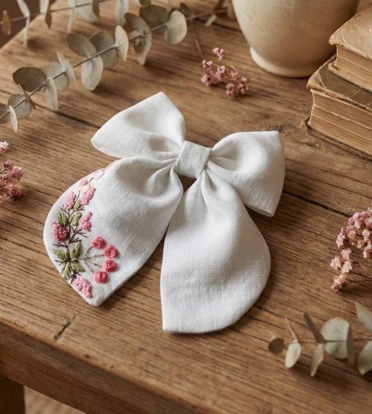 Дитячий бант для волосся ручна вишивка рожеві квіти