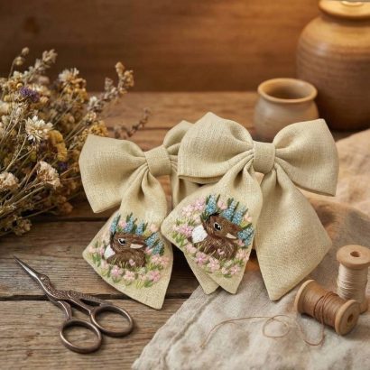 Пара бантів для волосся великодній кролик ручна вишивка, 2 шт