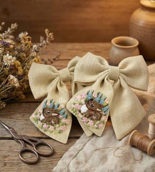 Пара бантів для волосся великодній кролик ручна вишивка, 2 шт