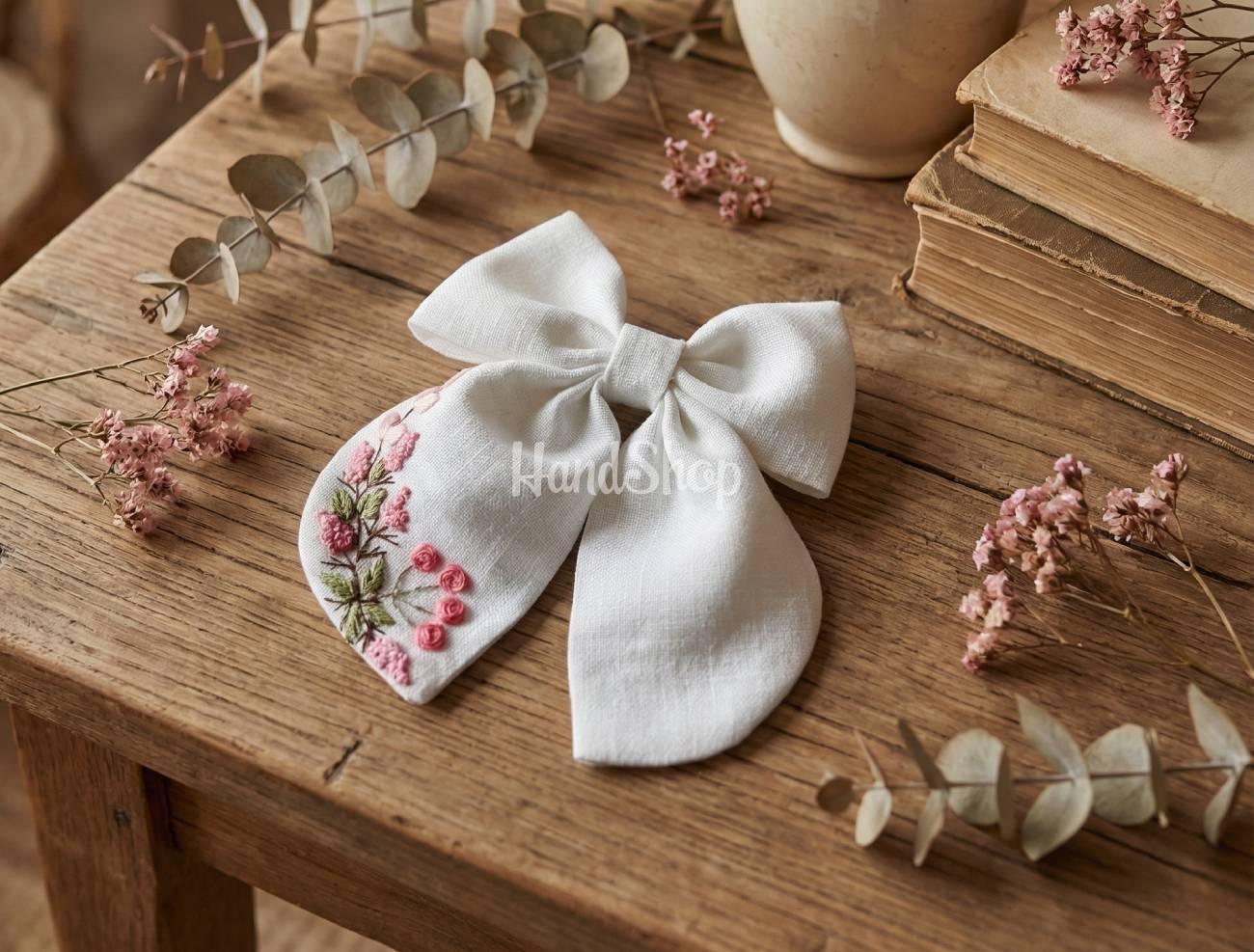 Дитячий бант для волосся ручна вишивка рожеві квіти Дитячий бант для волосся ручна вишивка рожеві квіти