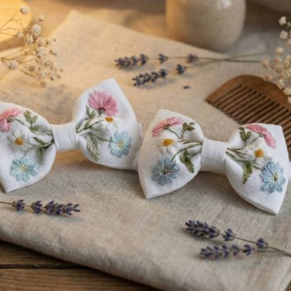 Бантики для волосся ручна вишивка польові квіти, 2 шт