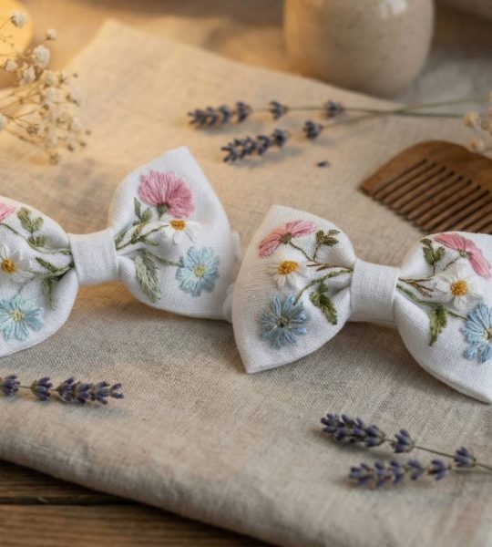 Бантики для волосся ручна вишивка польові квіти, 2 шт