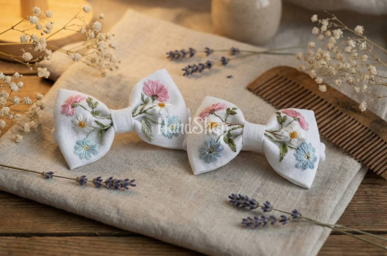 Бантики для волосся ручна вишивка польові квіти, 2 шт Бантики для волосся ручна вишивка польові квіти, 2 шт