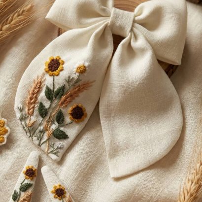 Бант для волосся та заколки квіти соняшники, вишивка 3 шт
