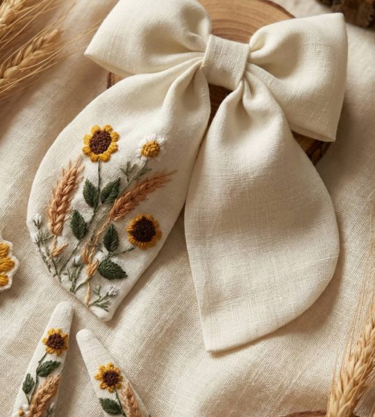 Бант для волосся та заколки квіти соняшники, вишивка 3 шт
