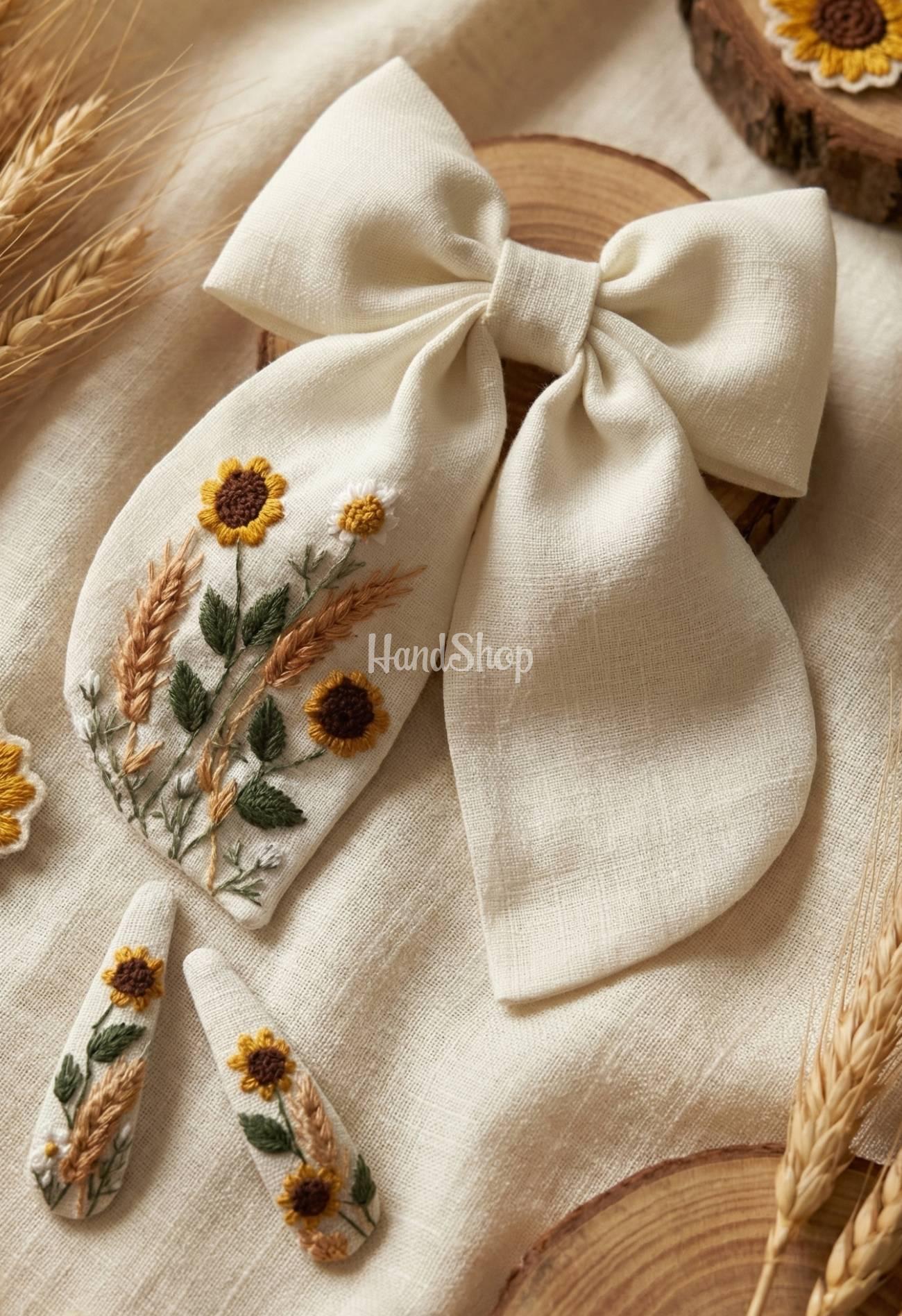 Бант для волосся та заколки квіти соняшники, вишивка 3 шт Бант для волосся та заколки квіти соняшники, вишивка 3 шт