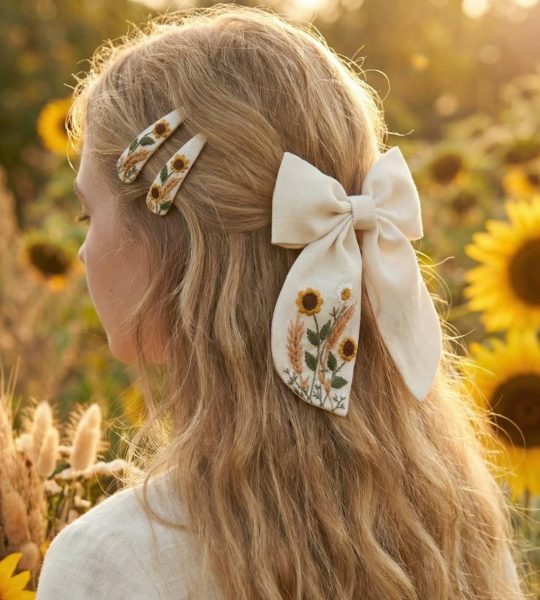 Бант для волосся та заколки квіти соняшники, вишивка 3 шт