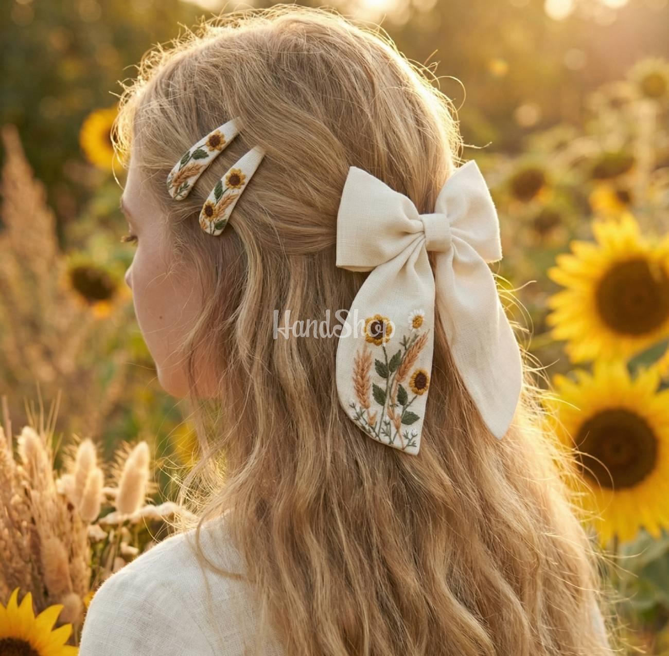 Бант для волосся та заколки квіти соняшники, вишивка 3 шт Бант для волосся та заколки квіти соняшники, вишивка 3 шт