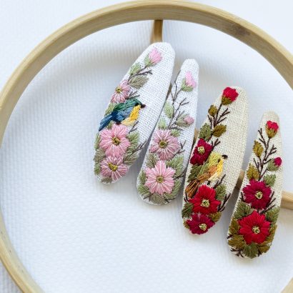 Заколки для волосся ручна вишивка квіти та пташки 2шт (на вибір!)