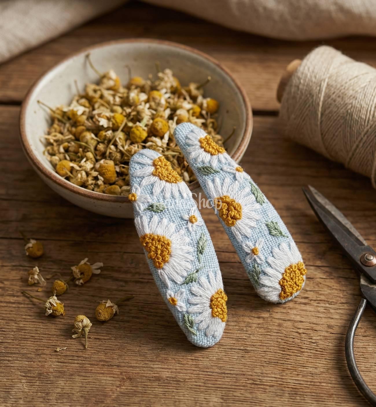 Дитячі заколки для волосся квіти ромашки ручна вишивка, 2 шт Дитячі заколки для волосся квіти ромашки ручна вишивка, 2 шт