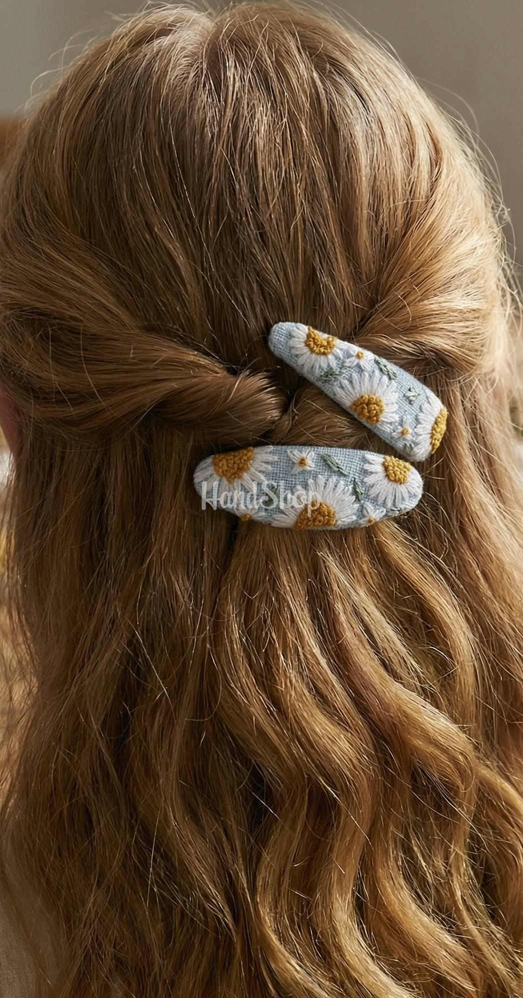 Дитячі заколки для волосся квіти ромашки ручна вишивка, 2 шт Дитячі заколки для волосся квіти ромашки ручна вишивка, 2 шт