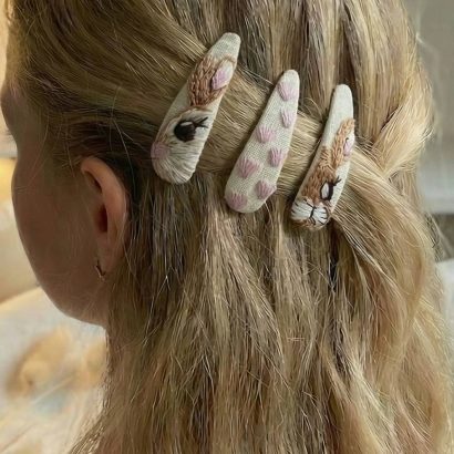 Дитячі заколки для волосся рожеві сердечка та зайка вишивка, 3 шт