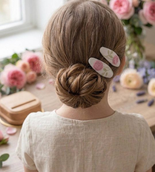 Дитячі заколки для волосся вишивка ніжно рожеві троянди