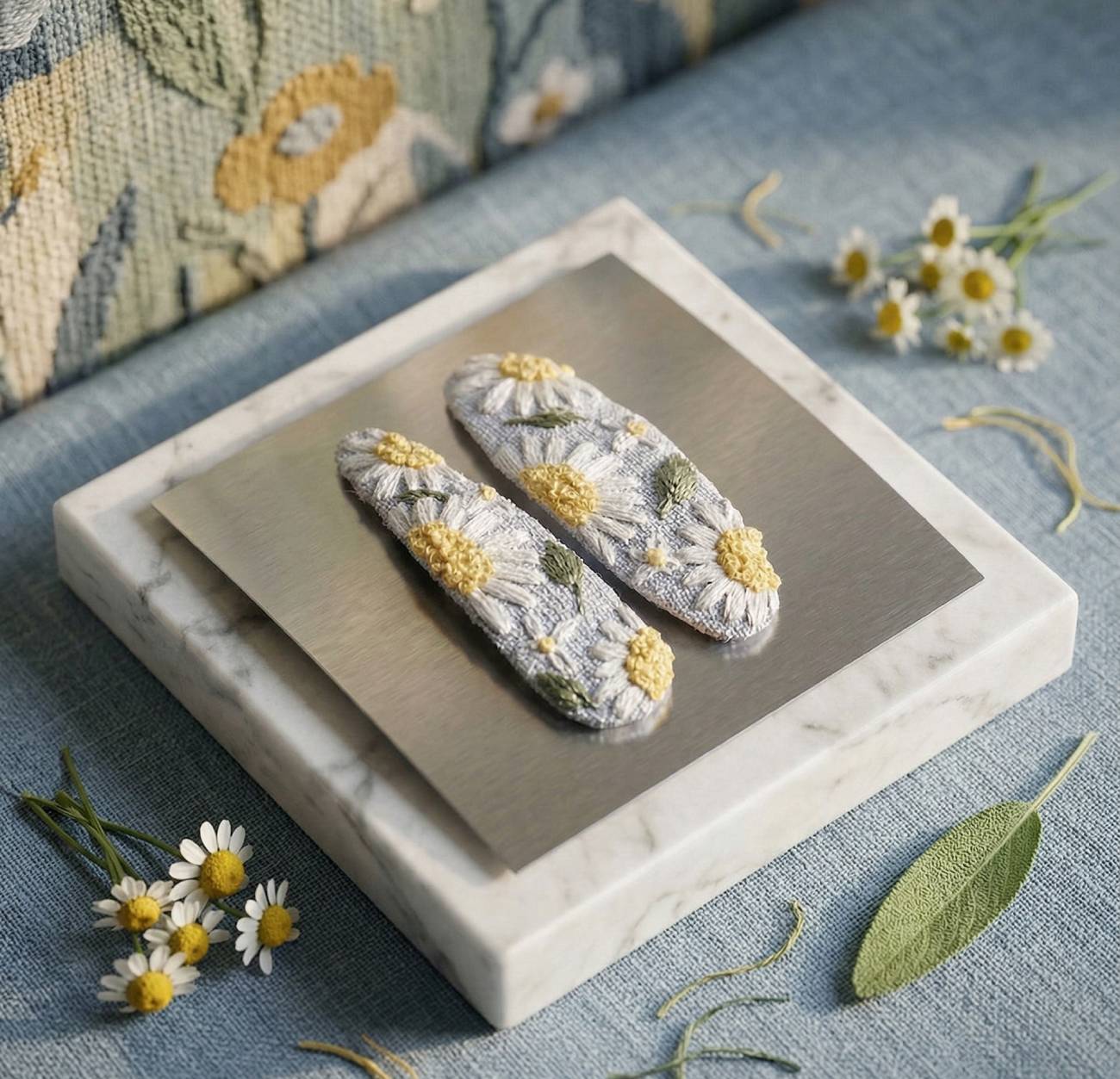 Подарунок донечці квіти ромашки - дитяча заколка клік-клак з авторською ручною вишивкою на блакитному льоні