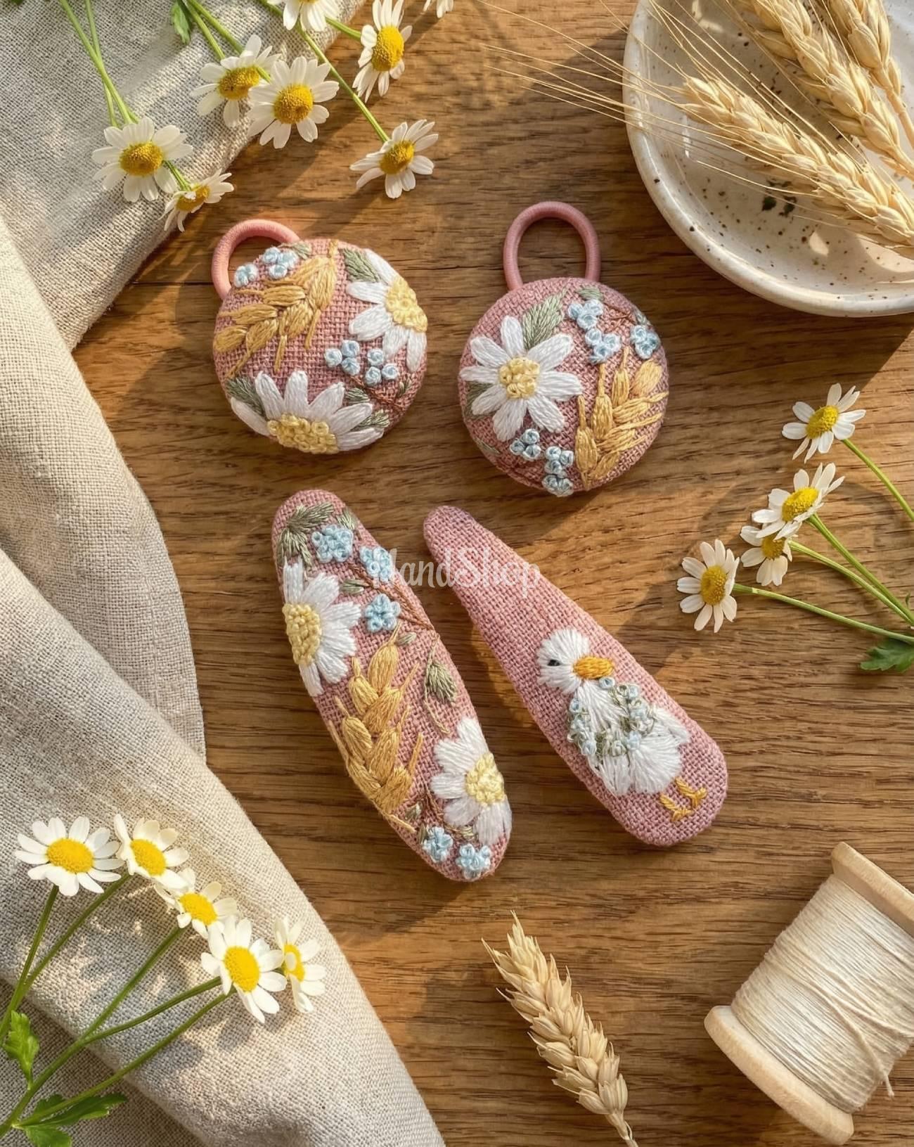 Заколки 2 шт та резинки 2 шт польові ромашки, гусак вишивка Заколки 2 шт та резинки 2 шт польові ромашки, гусак вишивка