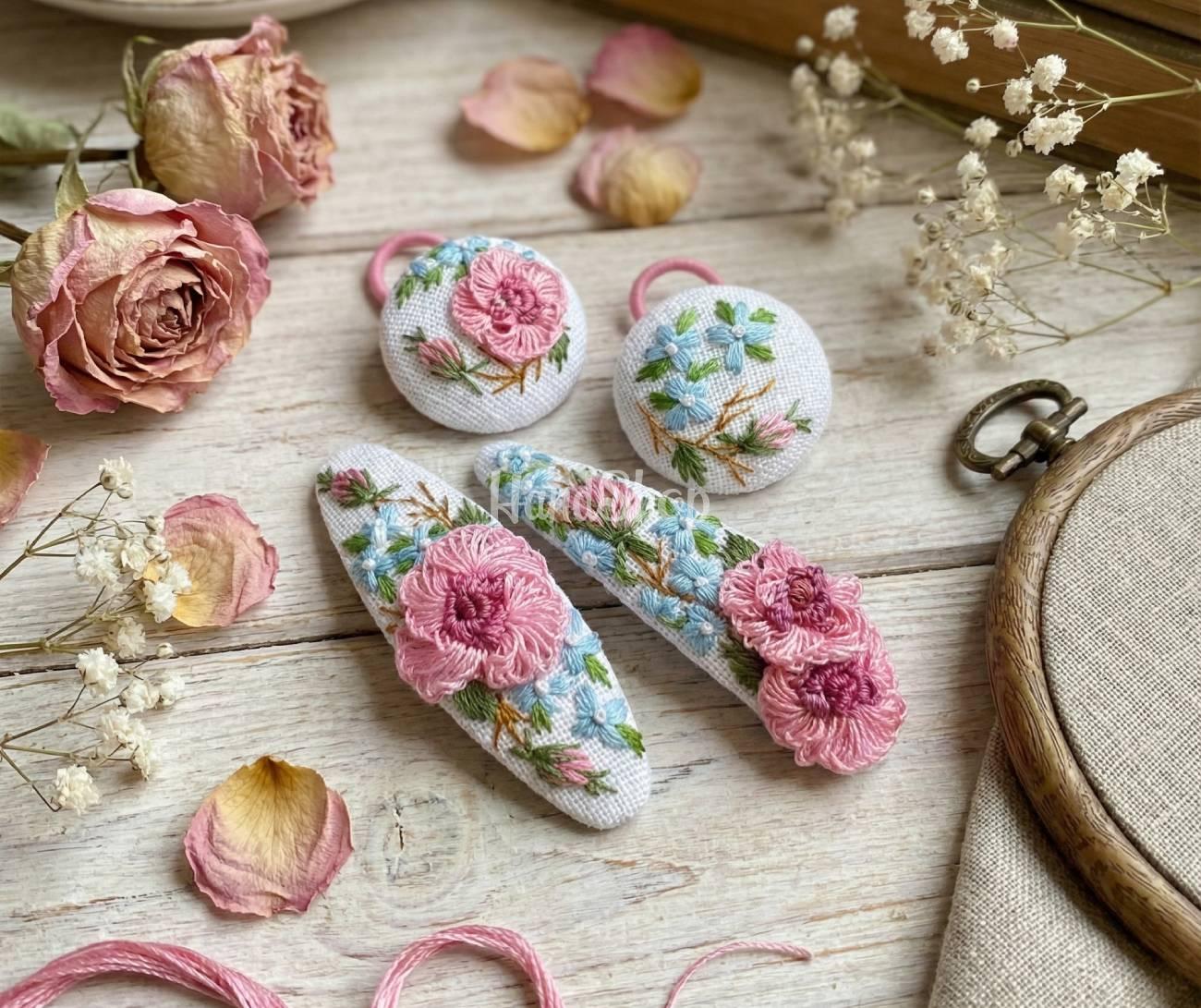 Заколки 2 шт та резинки 2 шт для волосся вишивка троянди Заколки 2 шт та резинки 2 шт для волосся вишивка троянди