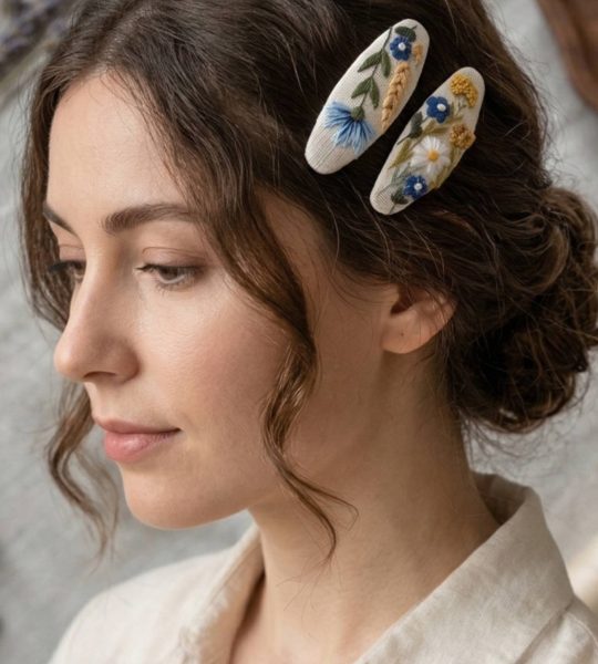 Дитячі заколки польові квіти України, колоски ручна вишивка