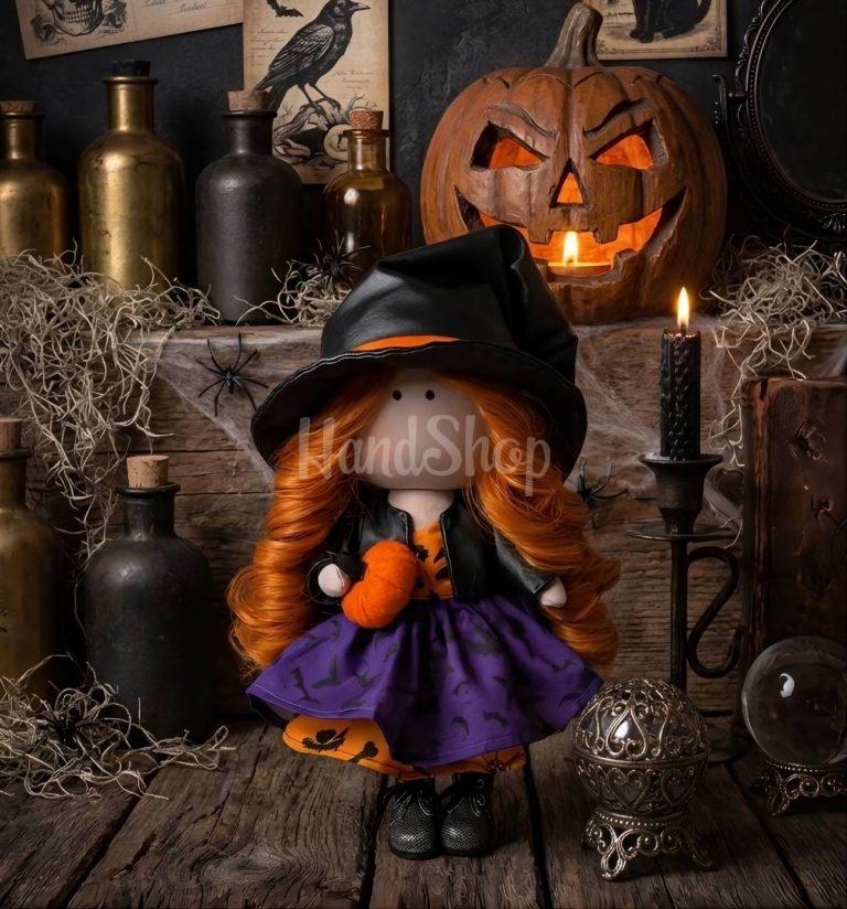 Ігрова текстильна кудрява руда сувенірна лялька відьмочка Halloween — фото 1