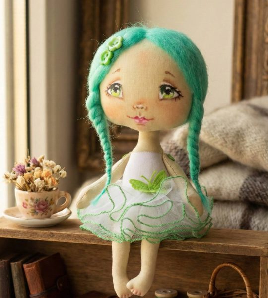 Маленька текстильна лялька сувенірна з бірюзовим волоссям