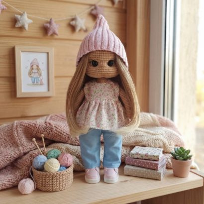 Авторська в’язана велика ігрова лялька з довгим волоссям