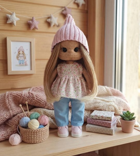 Авторська в’язана велика ігрова лялька з довгим волоссям