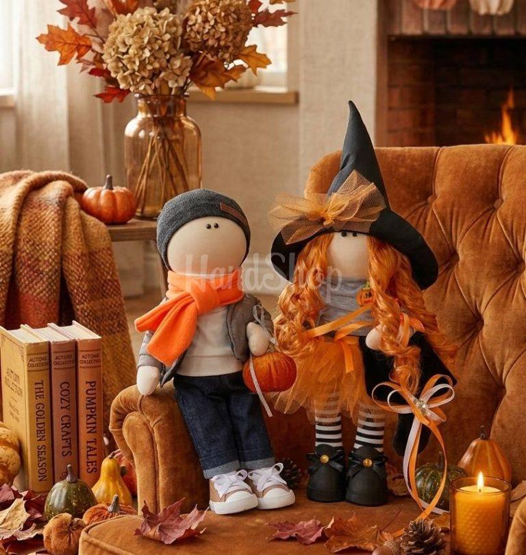Сувенірна пара великих осінніх текстильних ляльок в стилі Halloween — фото 2