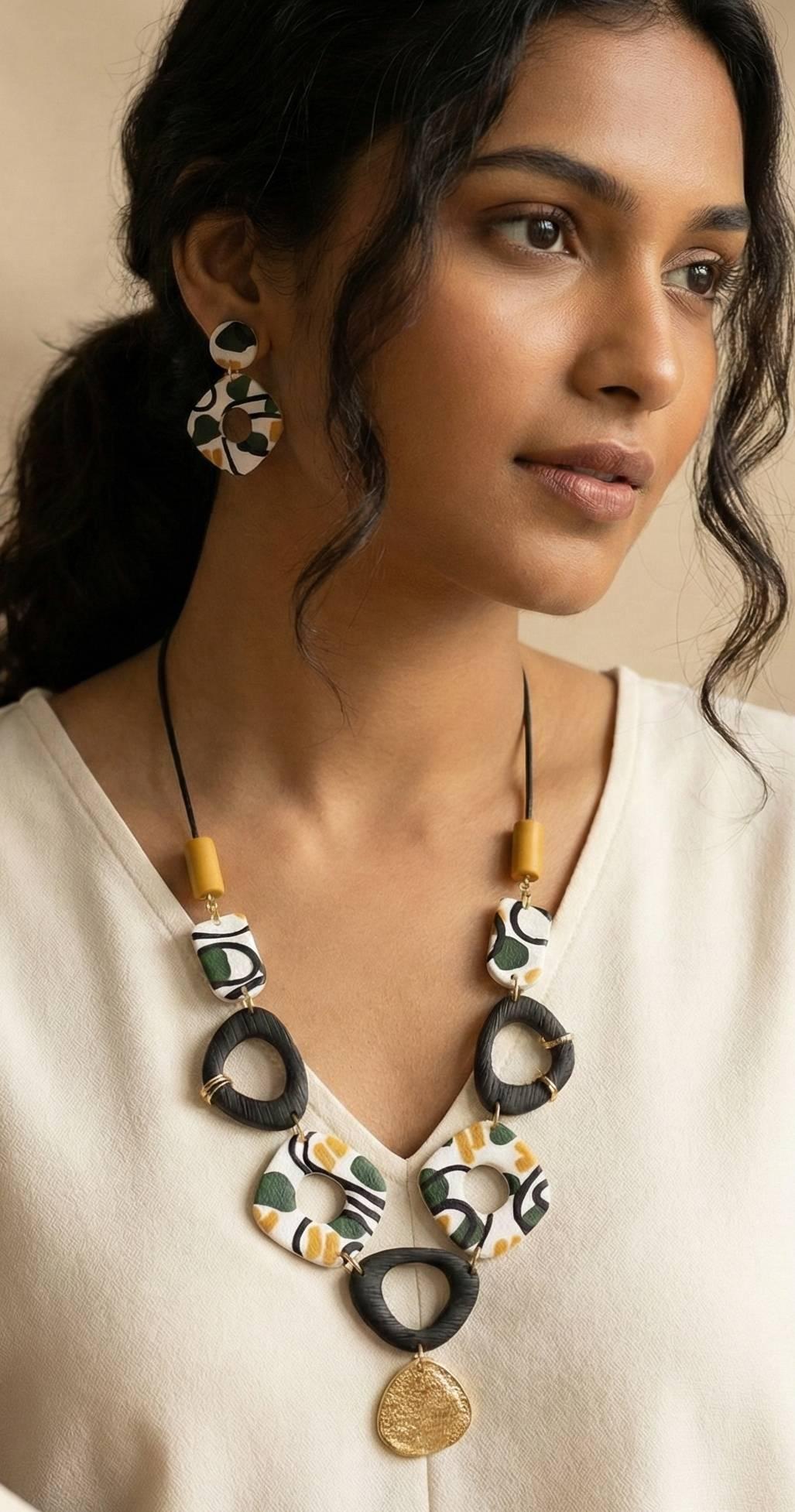 Набір жіночих прикрас сережки та намисто геометрія глина Набір жіночих прикрас сережки та намисто геометрія глина