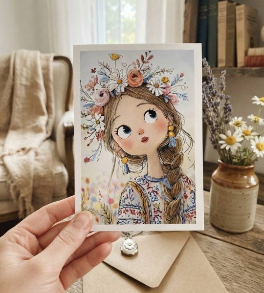 Жіноча вітальна сувенірна листівка дівчинка україночка