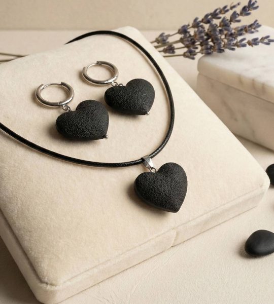 Комплект прикрас чорні сердечка сережки та кулон глина