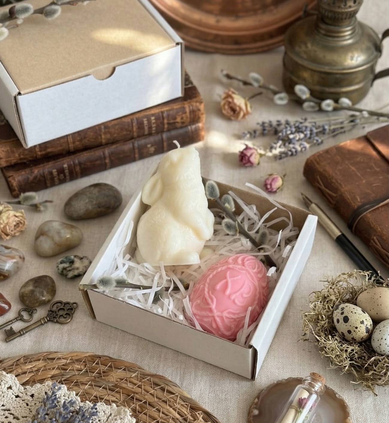 Символи світлого Великодня: витончений набір ручних свічок - ніжно-рожеве яйце та бежевий кролик для стильного декору святкового столу