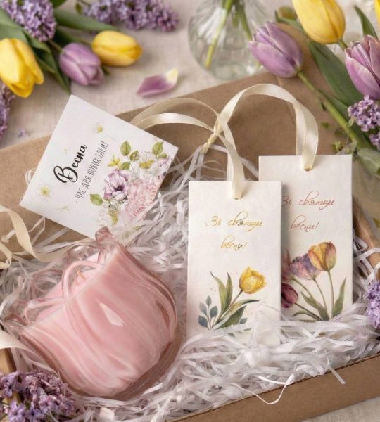 Весняний набір свічка рожевий тюльпан + 2 ароматичні саше