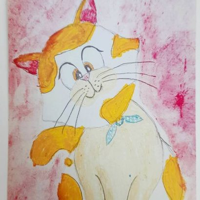 Вітальна дитяча листівка з днем народження мальована котик