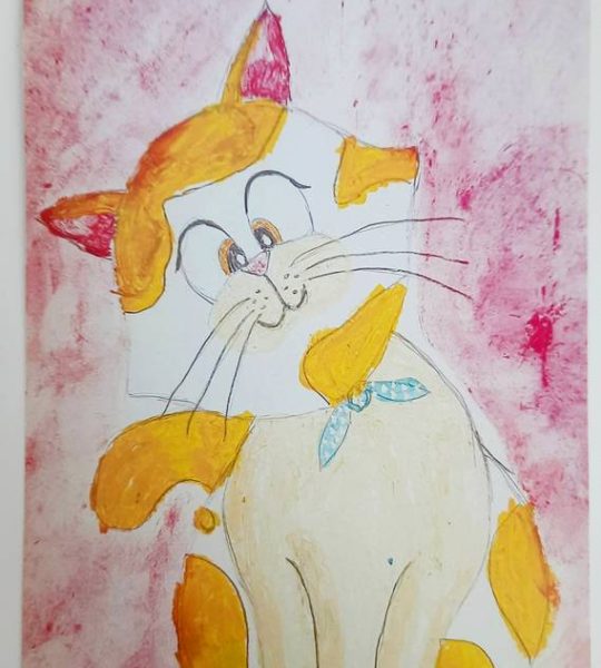 Вітальна дитяча листівка з днем народження мальована котик