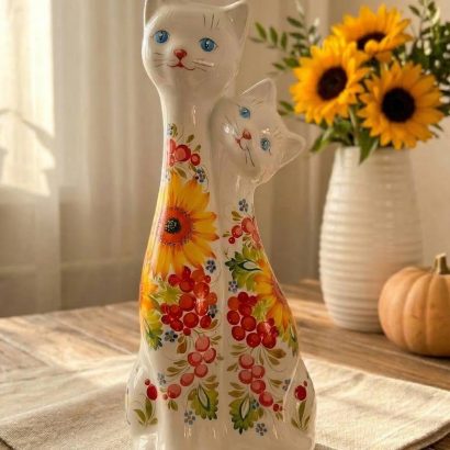 Сувенірна пара білі котики петриківський розпис кераміка