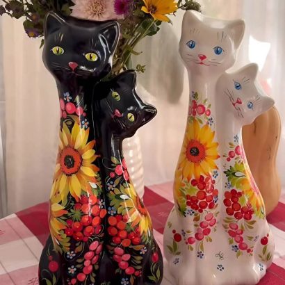 Сувенірна пара чорні котики петриківський розпис кераміка