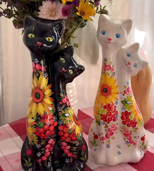 Сувенірна пара чорні котики петриківський розпис кераміка
